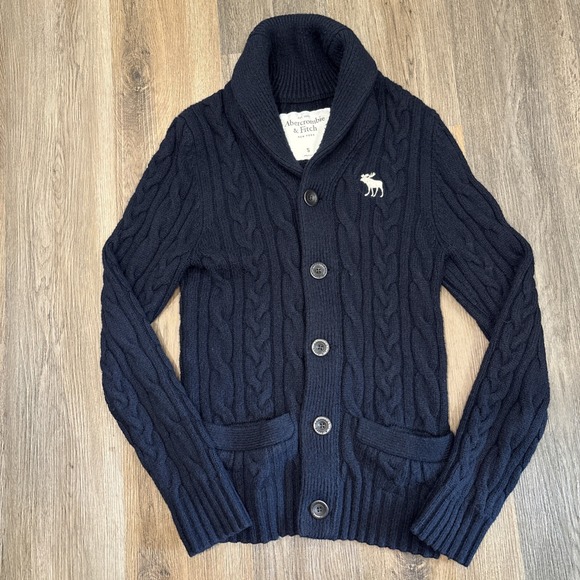 Abercrombie & Fitch Button Up Cardigan Mens Small Navy Blue Wool Blend Moose Y2K - Picture 1 of 10